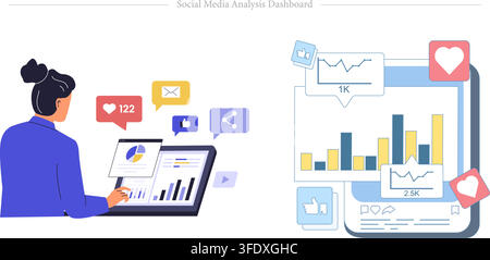 Vector illustration set of social media analysis dashboard banners featuring laptop stats, pie chart, bar graph, follower likes, and metric metrics. Stock Vector
