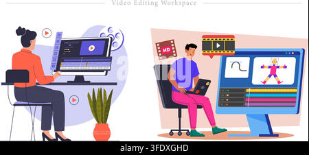 Vector illustration set of video editing workspace banners featuring footage timeline, video editor desk, motion graphics rig, and film production. Stock Vector