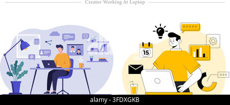 Vector illustration set of creator working at laptop banners featuring home office workspace, remote freelancer, idea lightbulb, and scheduling. Stock Vector