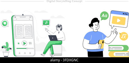 Vector illustration set of digital storytelling banners featuring smartphone audiobook app, video lesson, online education, and multimedia creator. Stock Vector