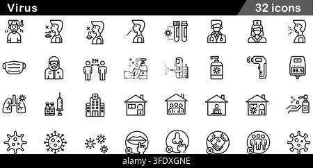 Vector illustration set of 32 virus icons featuring fever, face mask, nasal swab test, hand sanitizer, hazmat suit, vaccine, and social distancing. Stock Vector