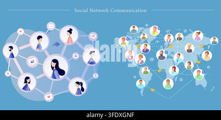 Vector illustration set of social network communication banners featuring connected profile nodes, global map community, message messaging, and avatar Stock Vector
