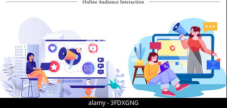 Vector illustration set of online audience interaction banners featuring digital marketing, social media megaphone, video streaming, and engagement. Stock Vector