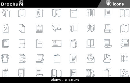 Vector illustration set of 40 brochure icons featuring bifold paper, trifold flyer, catalog booklet, bookmark page, envelope letter, and color swatch. Stock Vector