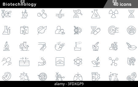 Vector illustration set of 40 biotechnology icons featuring DNA double helix, lab beaker, microscope, cell division, gene editing, and embryo. Stock Vector