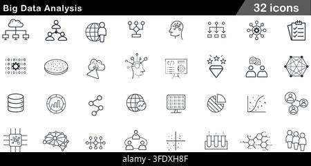Vector illustration set of 32 big data analysis icons featuring AI brain, cloud server, database, binary code, neural network, and pie chart analytics Stock Vector