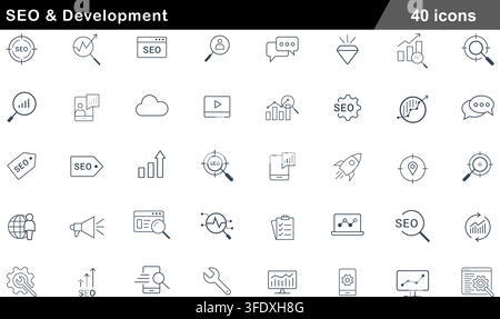 Vector illustration set of 40 SEO and development icons featuring search optimization, bar chart analytics, rocket startup, and gear settings. Stock Vector