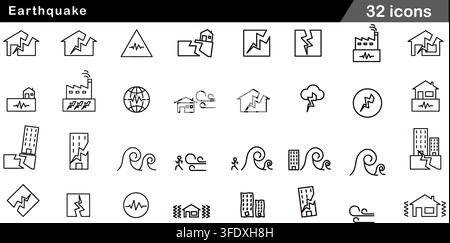 Vector illustration set of 32 earthquake icons featuring cracked house, ground fault, tsunami wave, seismograph signal, windstorm, and hurricane. Stock Vector