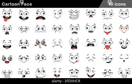 Vector illustration set of 40 cartoon face icons featuring happy smile, angry glare, sad crying, tongue out, surprised shock, and heart eyes Stock Vector