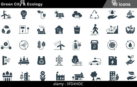 Vector illustration set of 40 green city and ecology icons featuring wind turbine, solar panel, electric vehicle, eco house, and recycle symbols. Stock Vector