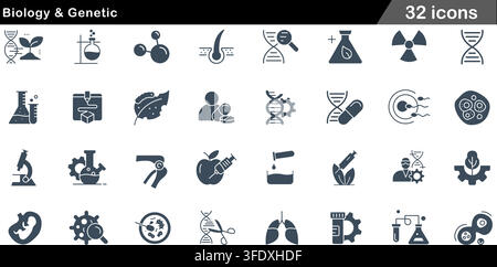 Vector illustration set of 32 biology and genetic icons featuring DNA double helix, lab flask, microscope, cell division, and gene editing scissors. Stock Vector