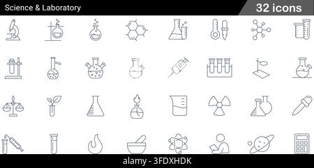 Vector illustration set of 32 science and laboratory icons featuring microscope, chemical flask, test tubes, bunsen burner, and atom model. Stock Vector