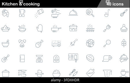 Vector illustration set of 40 kitchen and cooking icons featuring blender, frying pan, whisk, microwave, knife set, cutting board, and chef apron. Stock Vector