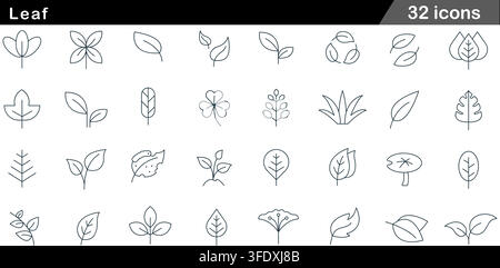 Vector illustration set of 32 leaf icons featuring green foliage, clover leaf, eco recycling, monstera, lotus pad, gingko, and sprout plant. Stock Vector