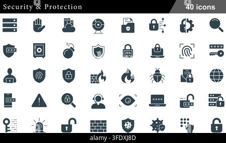 Vector illustration set of 40 security and protection icons featuring shield, padlock, fingerprint scan, firewall, safe vault, 2FA, and cyber bug. Stock Vector