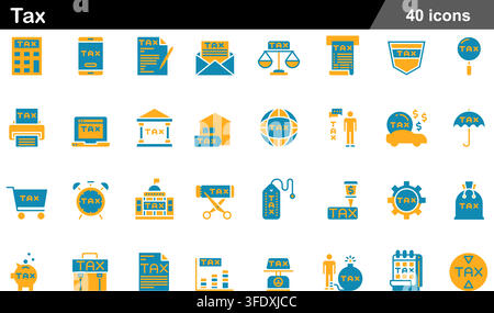 Vector illustration set of 40 tax icons featuring calculator, tax document, balance scale, envelope form, property tax, tax return, and piggy bank. Stock Vector