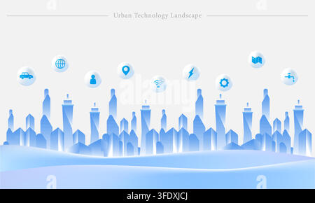 Vector illustration set of urban technology landscape featuring modern city skyline, blue gradient skyscrapers, wifi, map pin, car, and power icons. Stock Vector