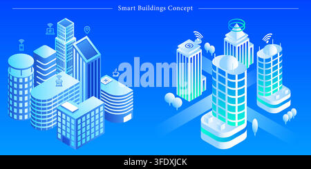Isometric vector illustration of smart buildings concept featuring futuristic skyscrapers, wifi network signals, helipads, and urban architecture. Stock Vector