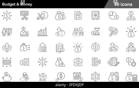 Vector illustration set of 40 budget and money icons featuring cost cutting, money bag, financial report, piggy bank, calculator, and safe vault. Stock Vector