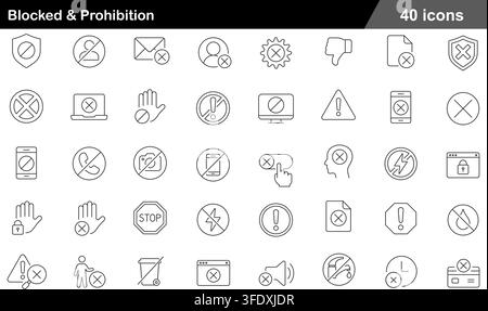 Vector illustration set of 40 blocked and prohibition icons featuring stop sign, cross mark, no phone, no camera, access denied, and warning shield. Stock Vector