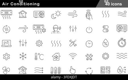 Vector illustration set of 40 air conditioning icons featuring ac unit, outdoor compressor, remote control, thermostat, snowflake, and repair wrench. Stock Vector