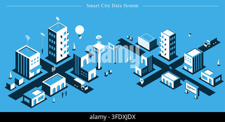 Isometric vector illustration of smart city data system featuring 5G network, connected buildings, drone delivery, smart lights, and urban transport. Stock Vector