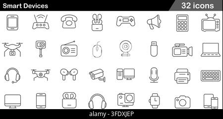 Vector illustration set of 32 smart devices icons featuring smartphone, wifi router, wireless earbuds, drone camera, cctv security, and smartwatch. Stock Vector