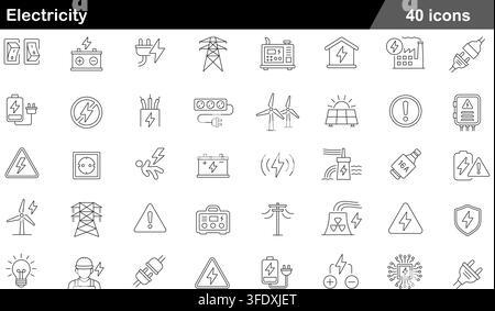 Vector illustration set of 40 electricity icons featuring light switch, battery, power plug, transmission tower, generator, and high voltage sign. Stock Vector
