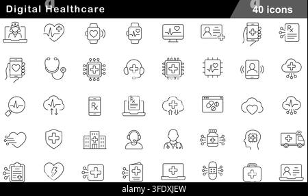 Vector illustration set of 40 digital healthcare icons featuring online doctor, smartwatch heart rate, digital prescription, cloud health, and ambulan Stock Vector