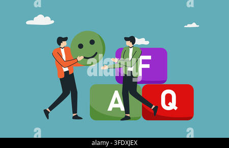 Vector illustration set of FAQ customer support concepts featuring men holding FAQ letter blocks, happy smile face feedback icon, and assistance help. Stock Vector