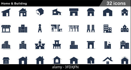 Vector illustration set of 32 home and building icons featuring residential house, hospital, store, lighthouse, castle, skyscraper, and architecture. Stock Vector