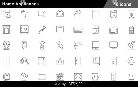 Vector illustration set of 40 home appliances icons featuring power drill, toaster, microwave, refrigerator, washing machine, and electric kettle. Stock Vector