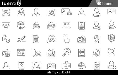 Vector illustration set of 40 identity icons featuring iris scanner, driver license, fingerprint scan, passport, password security, and ID card. Stock Vector