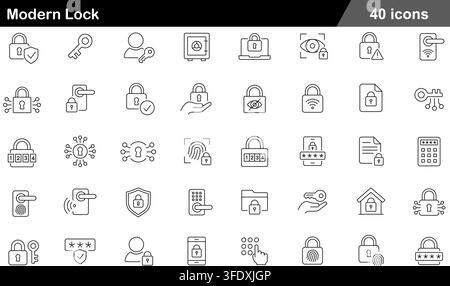 Vector illustration set of 40 modern lock icons featuring padlock, security key, safe box, iris scanner, fingerprint access, pin code Stock Vector