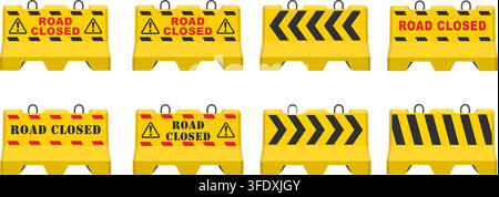 Vector illustration set of road closed plastic barrier icons featuring yellow traffic barricades, warning stripes, hazard sign, and detour arrows. Stock Vector