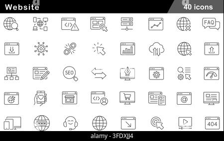 Vector illustration set of 40 website icons featuring browser window, code script, web hosting server, SEO search, cloud sync, and 404 error page. Stock Vector
