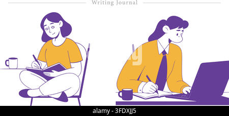 Vector illustration set of writing journal concepts featuring women taking notes in diary notebook, studying, typing on laptop, and drinking coffee. Stock Vector