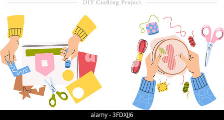 Vector illustration set of DIY crafting project concepts featuring top view hands cutting paper with scissors, gluing paper, and embroidery stitching. Stock Vector