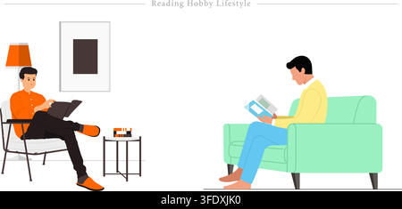 Vector illustration set of reading hobby lifestyle concepts featuring men sitting on cozy armchairs, reading book, magazine, with floor lamp at home. Stock Vector