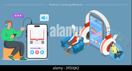 Vector illustration set of podcast listening moment concepts featuring people with headphones, smartphone audiobook app, and isometric media streaming Stock Vector