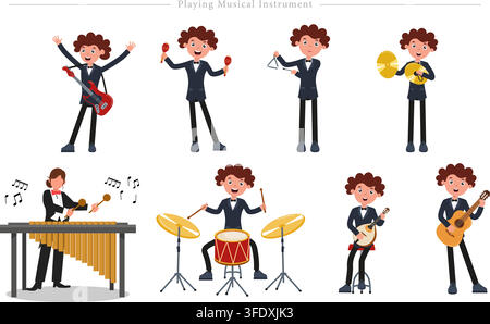 Vector illustration set of playing musical instrument concepts featuring musicians with guitar, drums, maracas, cymbals, xylophone, and banjo. Stock Vector