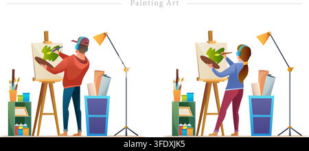 Vector illustration set of painting art concepts featuring artists with headphones, paint palette, brush, canvas easel, and studio equipment. Stock Vector