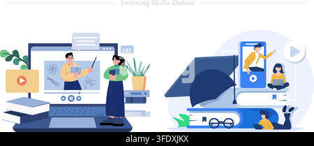 Vector illustration set of learning skills online concepts featuring video lecture on laptop, mobile learning, student studying, and graduation cap. Stock Vector