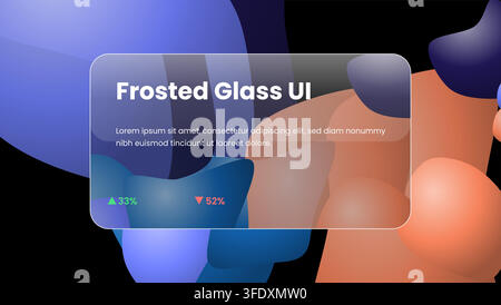 A Vector Illustration of a Frosted Glass Ui Card Overlaying a Dark Background with Blue and Orange Fluid Shapes and Typographic Elements Stock Vector
