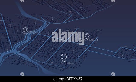 Isometric night city map featuring GPS location markers and digital coordinate data for navigation systems. Vector illustration. Stock Vector