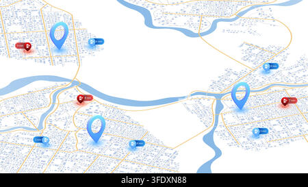 Isometric city map showing electric vehicle charging stations with navigation pins and route time indicators. Vector illustration. Stock Vector