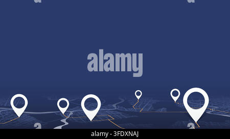 Perspective urban map background with white pins and route tracking lines on dark blue field. Vector illustration. Stock Vector