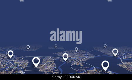 Dark blue city map navigation concept with white location markers in perspective. Vector illustration. Stock Vector