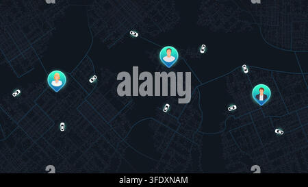 Ride sharing app background with user avatars and moving vehicles on dark city map. Vector illustration. Stock Vector