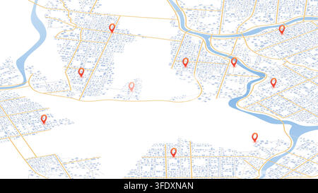 Isometric city map layout featuring red location pins and winding river for navigation concepts. Vector illustration. Stock Vector